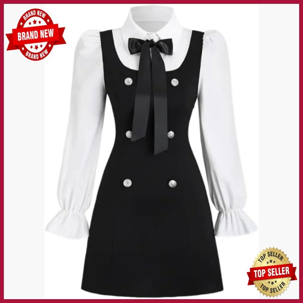 Polyester Mini Dress with Lantern Sleeves and Colorblock Design, Size Medium